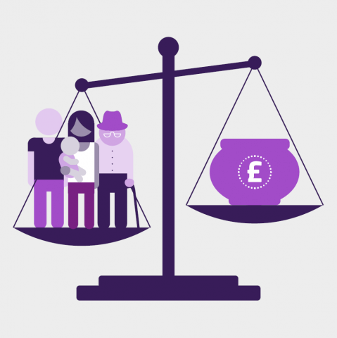 Illustration of a set of scales with patients on the left and money on the right