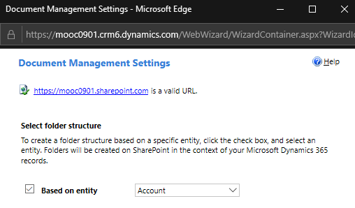 A screenshot of the Document Management Settings screen, with the SharePoint URL verified, based on specific entity “Account”