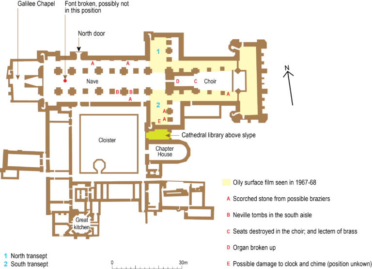 Plan of Durham Cathedral showing traces and marks left behind by the prisoners
