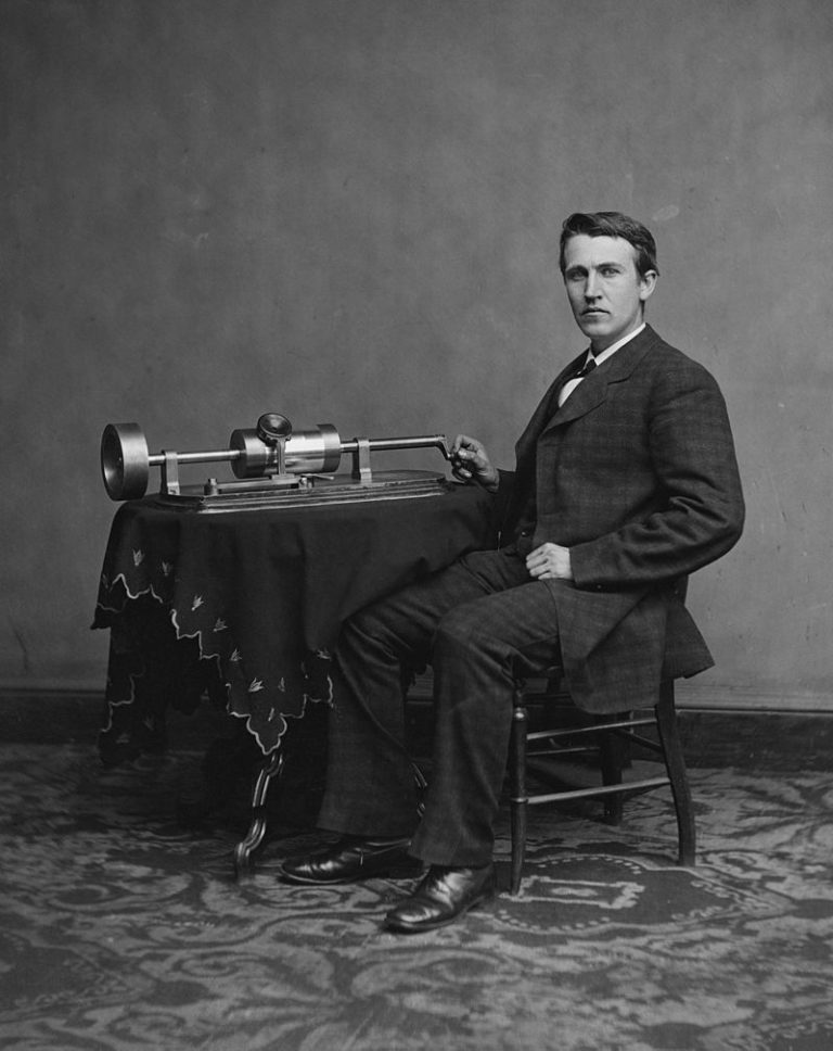 A photograph of Thomas Edison and his phonograph