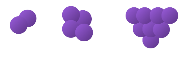 un brote de bacterias puede ocurrir en grupos de casi cualquier número. La imagen muestra círculos violetas agrupados en grupos de 2, 4 y 8.
