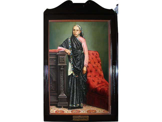 Painting of a woman in a black sari leaning against a mantelpiece