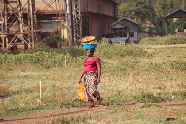 Woman carrying bananas on the head