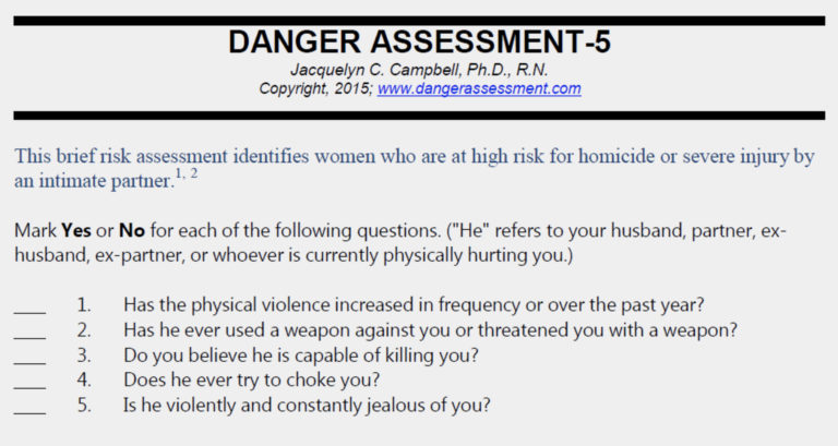 Danger Assessment Tool: This brief risk assessment identifies women who are at high risk for homicide or severe injury by an intimate partner. Mark "Yes" or "No" for each of the following questions. ("He" refers to your husband, partner, exhusband, ex-partner, or whoever is currently physically hurting you.) 1. Has the physical violence increased in frequency or over the past year? 2. Has he ever used a weapon against you or threatened you with a weapon? 3. Do you believe he is capable of killing you? 4. Does he ever try to choke you? 5. Is he violently and constantly jealous of you?