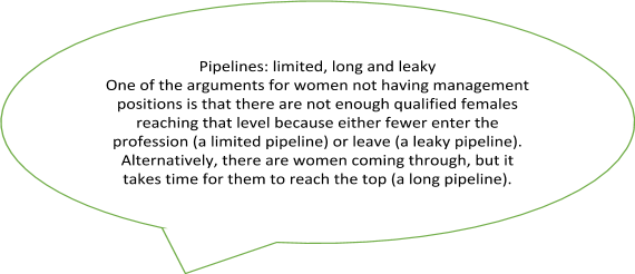 A quote box containing a definition of Pipelines: limited, long and leaky. One of the arguments for women not having management positions is that there are not enough qualified females reaching that level because either fewer enter the profession (a limited pipeline) or leave (a leaky pipeline). Alternatively, there are women coming through, but it takes time for them to reach the top (a long pipeline).