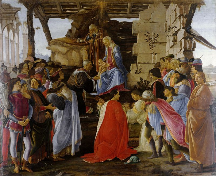 A colourful painting of a nativity scene reimagined for Italy in the 15th century. Classic Roman architecture is evident, and Italian nobles gather around Jesus, Joseph and Mary