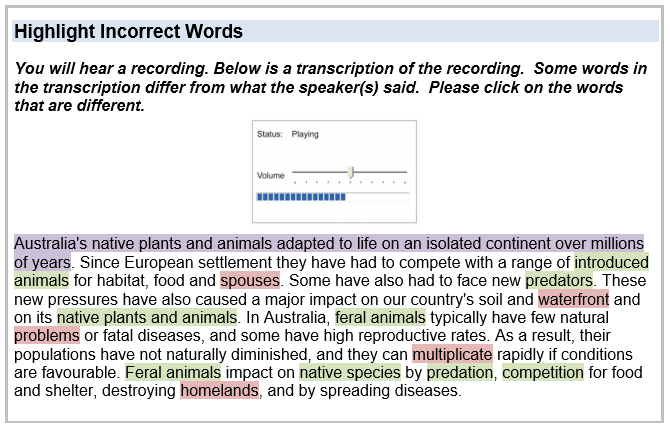 Paragraph with purple green and red shading to mark correct and incorrect words