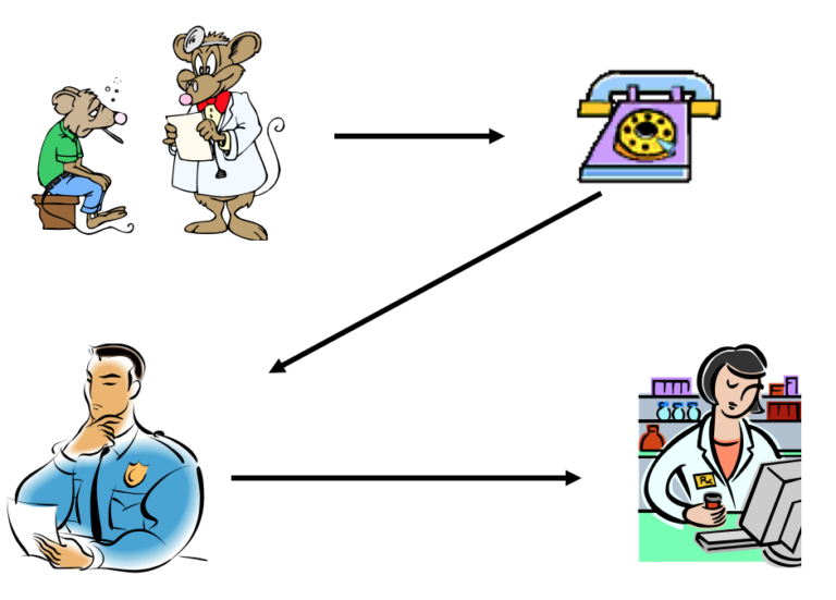 A diagram explaining the followed protocol: physician sees patient, physician phones microbiologist to discuss case, pharmacy contacted, drug approved for patient.