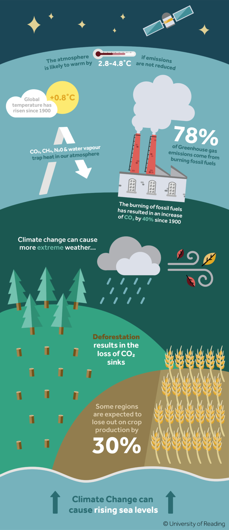 An infographic on climate change stating the following: The atmosphere is likely to warm by 2.8 to 4.8 degrees Celsius if emissions are not reduced. Global temperature has risen 0.8 degrees Celsius since 1900. Carbon dioxide, methane, nitrogen and water vapour trap heat in our atmosphere. 78% of Greenhouse gas emissions come from burning fossil fuels. The burning of fossil fuels has resulted in an increase of carbon dioxide by 40% since 1900. Climate change can cause more extreme weather. Deforestation results in the loss of carbon dioxide sinks. Some regions are expected to lose out on crop production by 30%. Climate change can cause rising sea levels.