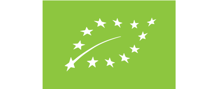 A rectangle logo that is filled bright green. A leaf logo is on top outlined by little white stars