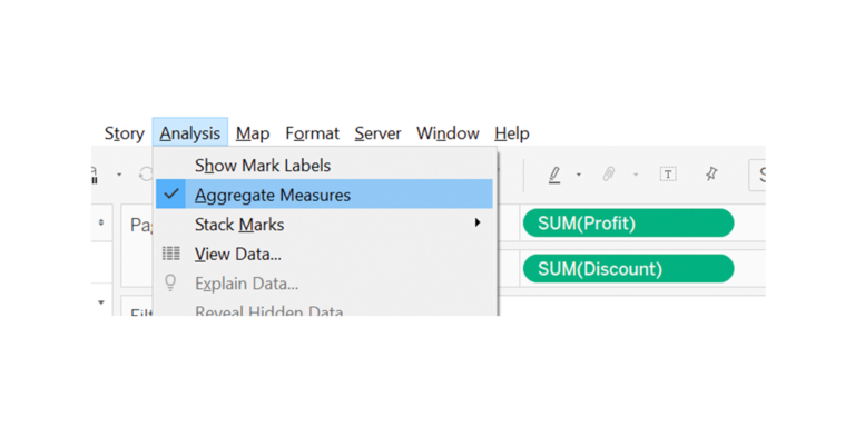 Screenshot of Tableau shows “Aggregate Measures”. Under the “Analysis” tab “you can select “Aggregate Measures”.