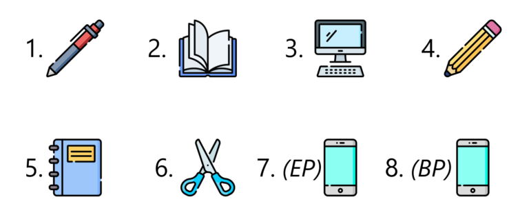 1. pen, 2. book, 3. computer, 4. pencil, 5. notebook, 6. scissors, 7. mobile phone (EP), 8. mobile phone (BP)