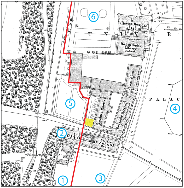 Location of archaeological features and finds around the excavation site on the 185 Ordnance Survey plan of Durham City