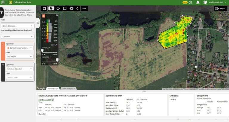 screenshot showing the same yield map as above but this time one zone in the top right corner of the field is highlighted in colours. The scale bar shows the colour corresponding to different yields. On the left of the screen is an menu bar giving options for how the map is displayed. Under the map is the agronomic data for the whole field (same as above) and the selected zone. For the selected zone: total yield (t) is 14.31; average yield (t/ha) is 7.16; wet weight (t) is 14.31; average wet weight (t/ha) is 7.16; area worked (ha) is 2