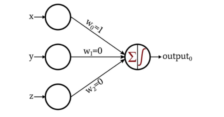 "A diagram of a perceptron modelled on a neuron. Three circles on the left are labelled x, y, and z. From each is an arrow labelled with w0, w1, and w2 to denote the weights each one points to a single circle, with a further arrow pointing to a label 'output'."