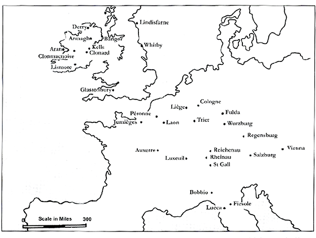 fig 2, a map of Irish monastaries in Europe