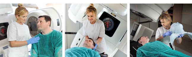 Series of images of radiation therapist helping patient during therapy