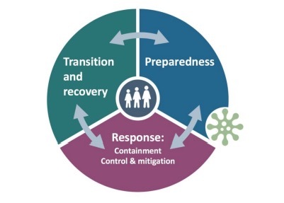 Pie chart in 3 colors listing the 3 phases of the COVID-19 Cycle: Preparedness, Response, Transition and Recovery