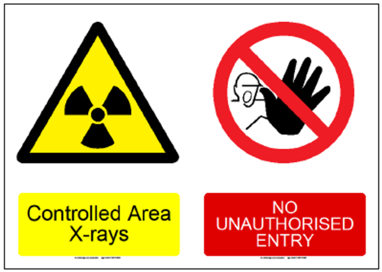 Example of the warning signs on the door of an x-ray room - the first is yellow with a warning symbol and the words 'Controlled area X-rays', the second is red with a no entry symbol and the words 'NO UNAUTHORISED ENTRY'.