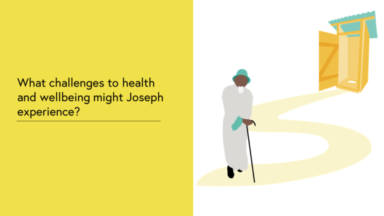 Case Study 3: Image shows Joseph standing by a path with his walking stick. The path leads to a free standing squat toilet outhouse in the distance