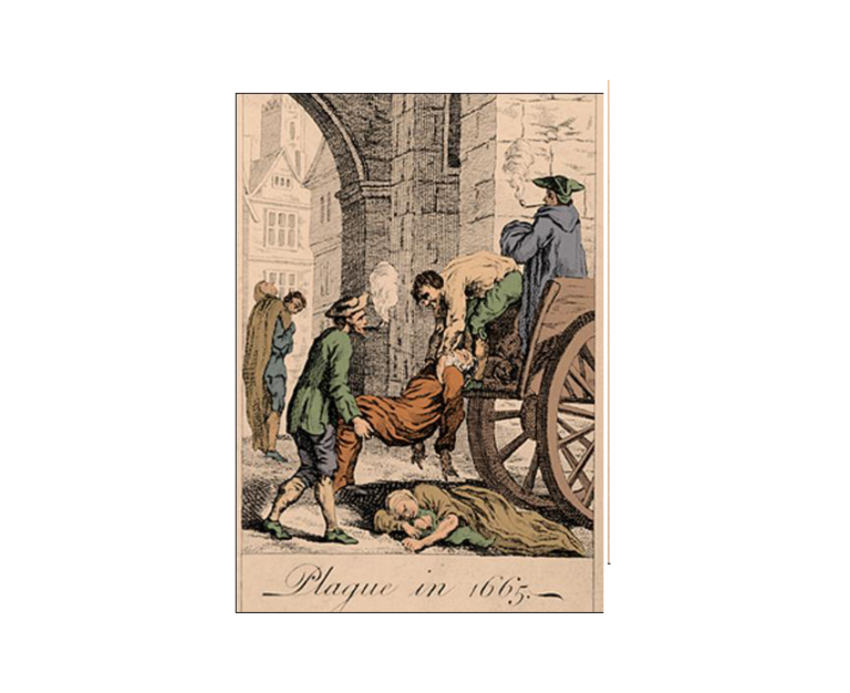 Drawing showing people lifting a man onto a wagon with the title 'Plague in 1665'