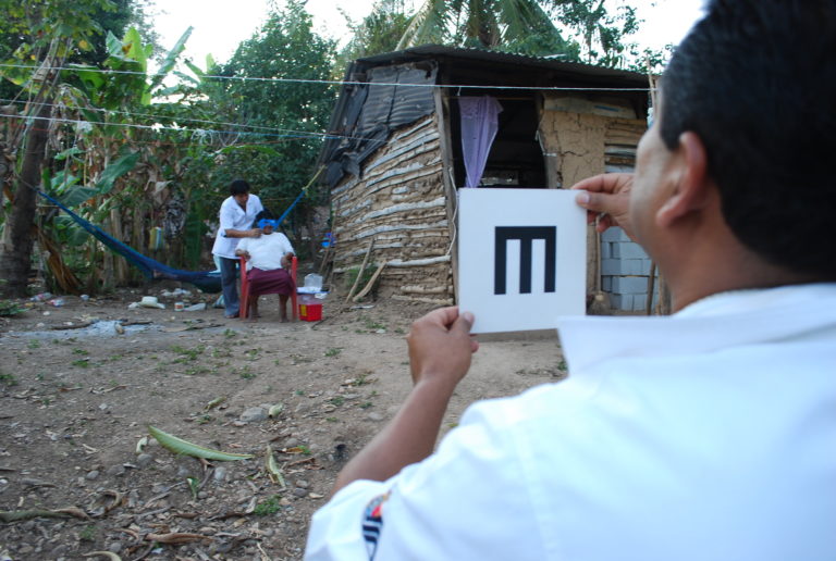 Photo shows visual acuity testing in the community during a RAAB in Mexico