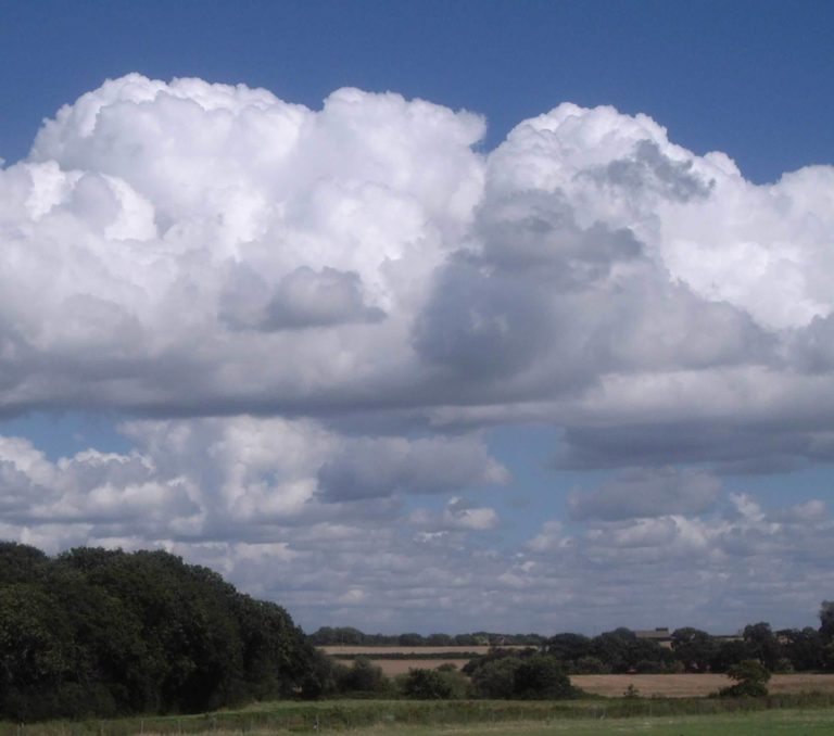 A photograph of some cumulus clouds forming over the countryside
