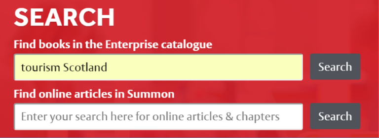 A screen shot of a search box that has two fields. The top reads 'find books in the Enterprise catalogue and the other field says 'find online articles in Summon'