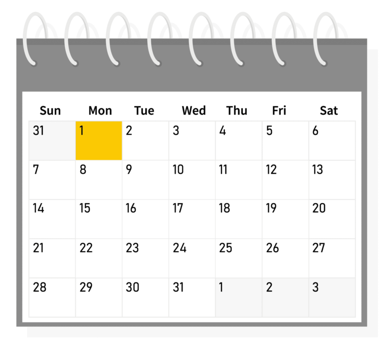 A calendar with the first day of the month highlighted