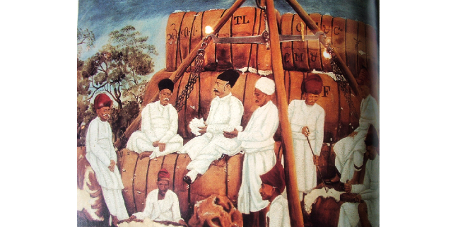 Painting of merchants dressed in white, sitting on and standing around bails of cotton