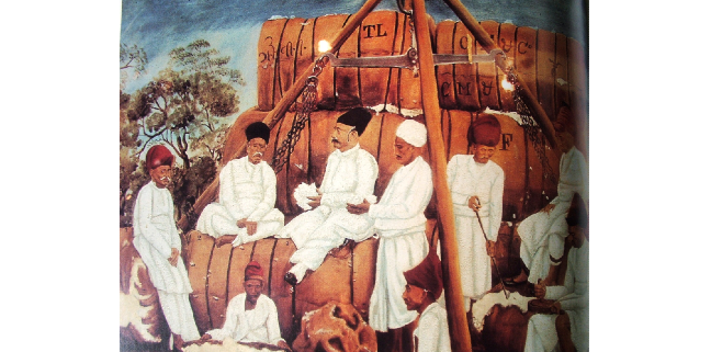 Parsi and Hindu cotton merchants Painting of merchants dressed in white, sitting on and standing around bails of cotton