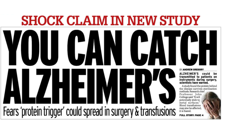 Newspaper headline reading 'you can catch Alzheimer's'