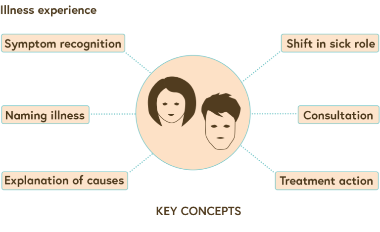 Graph showing the key concepts in illness experience such as symptom recognition, naming illness, explanation of causes, shift in sick role, consultation and treatment action