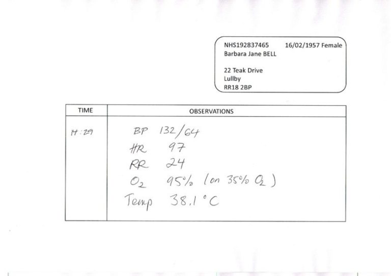 image of Mrs Bell's observation chart: BP 132/64, HR 97, RR 24, O2 95%, Temp 38.1