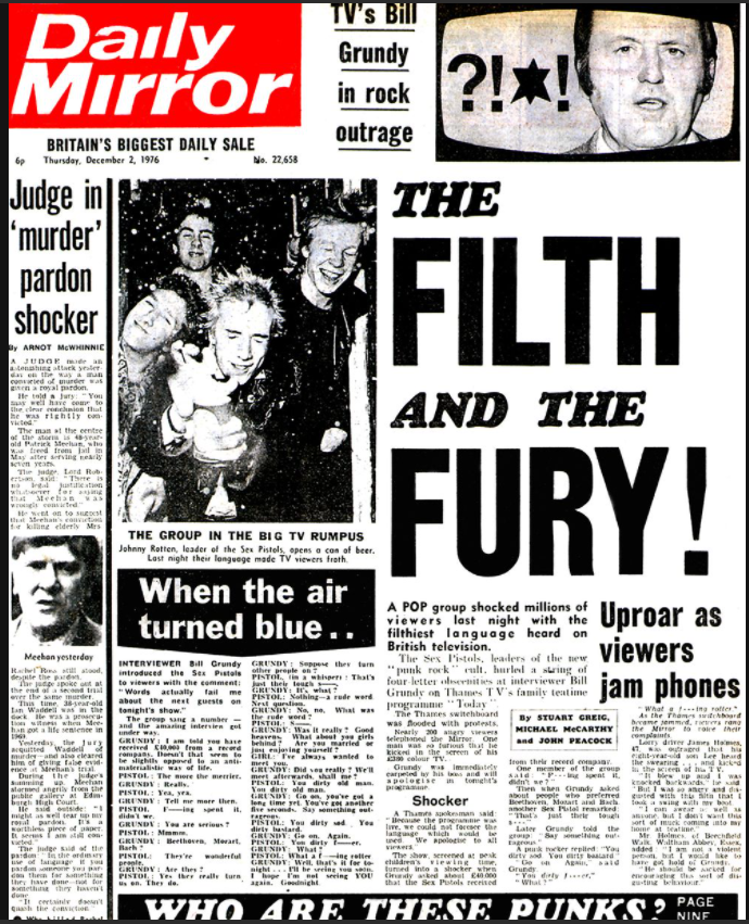 front page of the Daily Mirror with headlines: 'The Filth and the Fury!' 'TV's Bill Grundy in rock outrage.' 'Uproar as viewers jam phones.'
