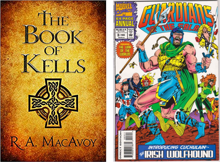 Figure 1 and 2 - book covers of R.A. McAvoy's. *The Book Of Kells* (1985) and Guardians of the Galaxy *'The Irish Wolfhound' 