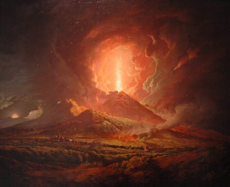 Artists impression of the eruption of Vesuvius, showing imposing clouds of ash and an explosion from the cone of the volcano