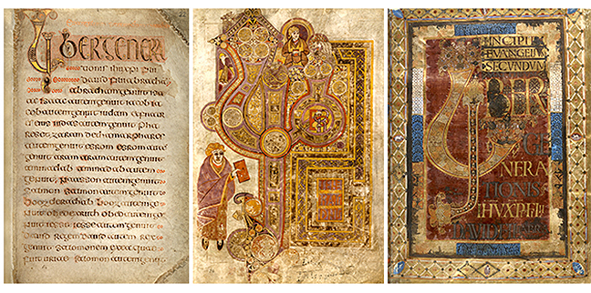 Fig 9-11, each shows a page of text with the initial letter drawn large and extravagantly