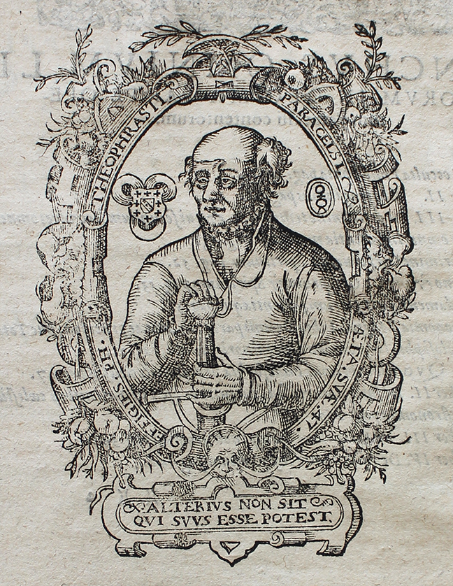 An image of Paracelsus, *Operum Medico-Chymicorum* (Frankfurt: 1605), iv, portrait at )( )(2v. © The Trustees of the Edward Worth Library, Dublin.