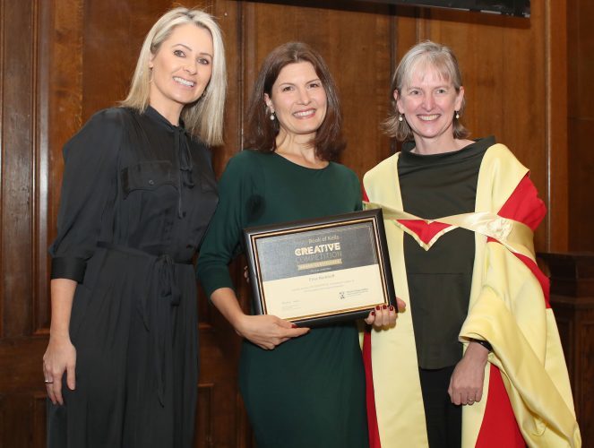 Elisa Markhoff from Pennsylvania, USA who won Second Prize in the Adult category in Art. Elisa is pictured with Sharon Ni Bheolain, competition ambassador (left) and Dr Rachel Moss, History of Art at Trinity.