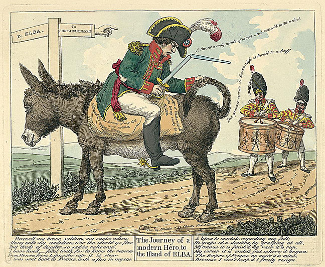 Cartoon from 1814 showing Napoleon seated backwards on a donkey, on his way to exile on Elba.