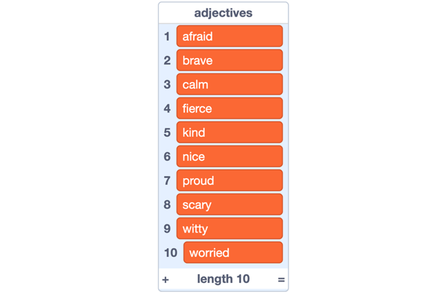 A screenshot of an adjectives list in Scratch with the following adjectives displayed: afraid, brave, calm, fierce, kind, nice, proud, scary, witty, and worried