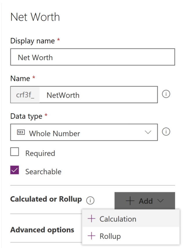 Screenshot of the Net Worth field with the Add button selected