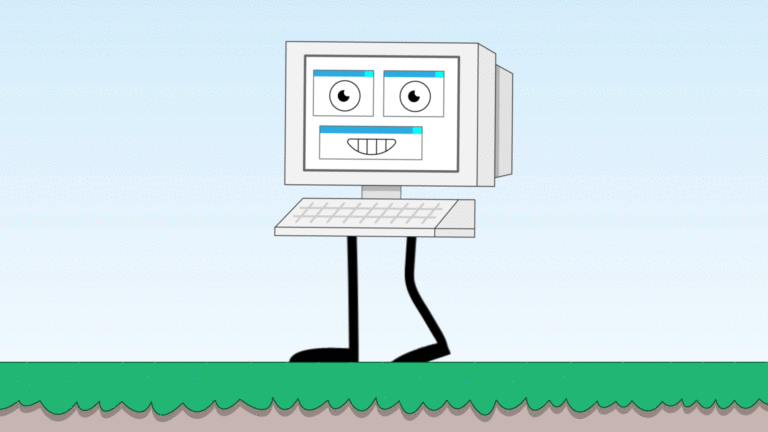 An animated GIF of a cartoon computer walking forwards, repeatedly taking a step with one foot and then with the other.