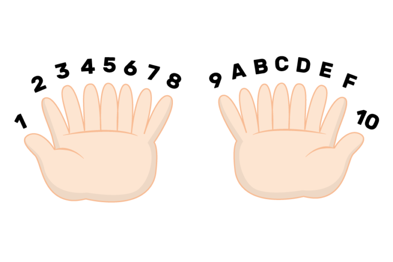 Picture of creature with 16 fingers, each finger counting up from: 1,2,3,4,5,6,7,8,9,A,B,C,D,E,F, 10 
