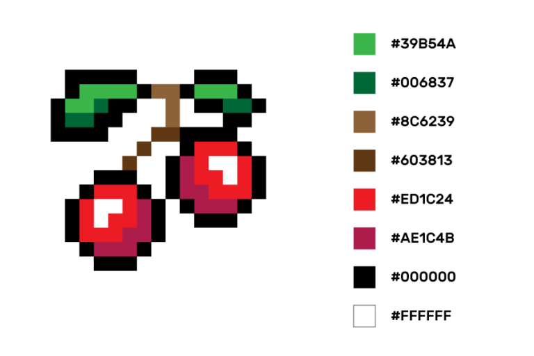 A pixel image of two cherries connected with a stem with two leaves on it. The 8 colours used in the image are given to the right, with their RGB colour values expressed in hexadecimal.