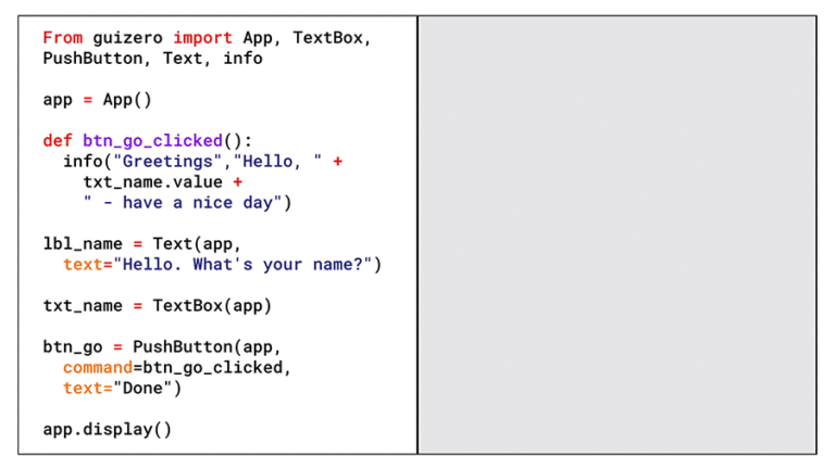 An animation. The code above is displayed on the left half of the animation. The code "app = App() is highlighted in light blue, and a light blue line from this draws a rectangle on the right hand side of the animation. The blue line fades away to reveal a light grey rectangle with a dashed border.