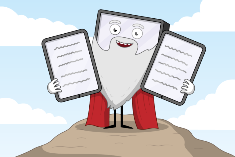 A cartoon of a computer screen with arms and legs attached. It has a bearded face, and is carrying two digital tablets with writing on them.