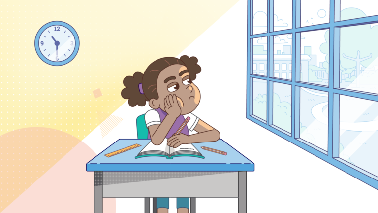 image of student at a desk in a classroom gazing out of window