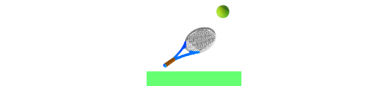 Screenshot of tennis game including green ground, a tennis racket sprite and a tennis ball sprite.